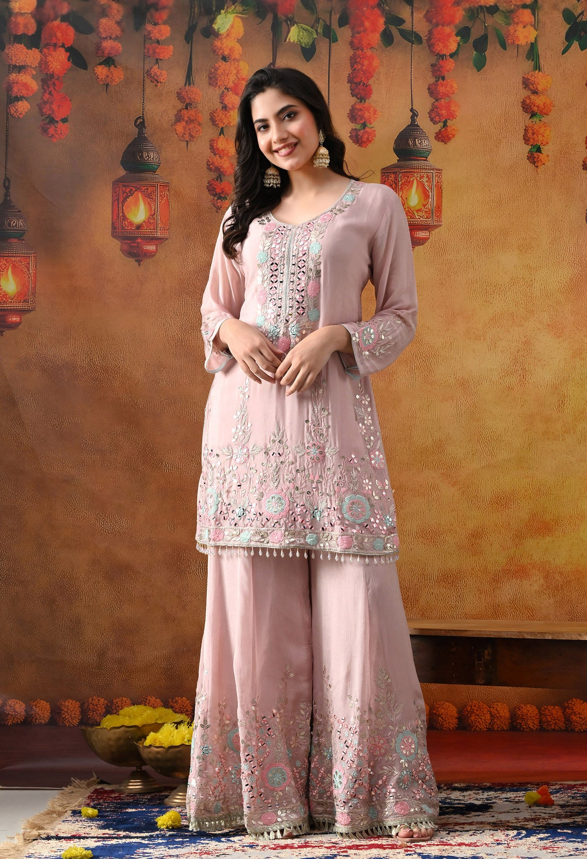 Light Pink Chinon Sharara Set with Matching Dupatta