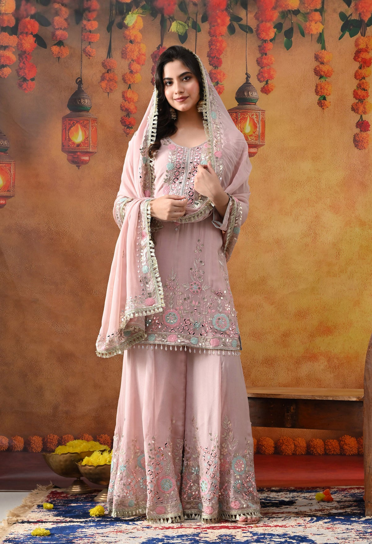 Light Pink Chinon Sharara Set with Matching Dupatta