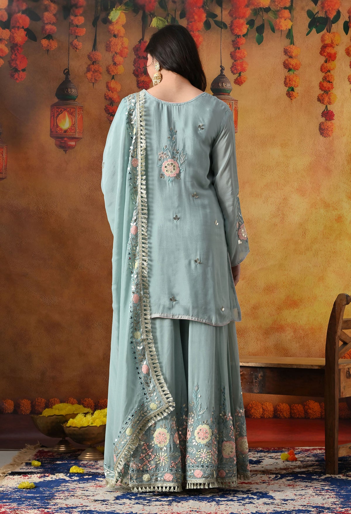 Sapphire Blue Chinon Sharara Set with Matching Dupatta