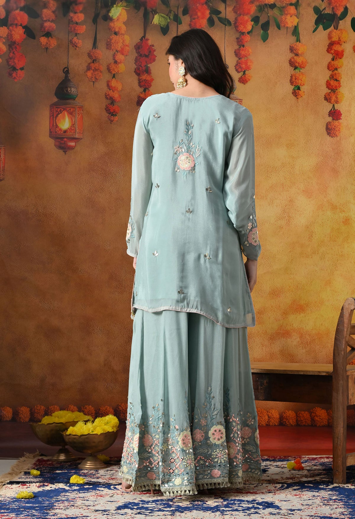 Sapphire Blue Chinon Sharara Set with Matching Dupatta
