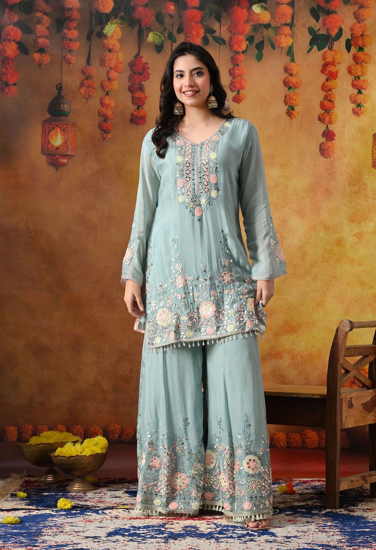 Sapphire Blue Chinon Sharara Set with Matching Dupatta