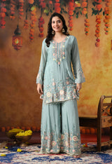 Sapphire Blue Chinon Sharara Set with Matching Dupatta