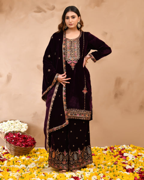 Plush Velvet Top With Velvet Plazzo And Dupatta