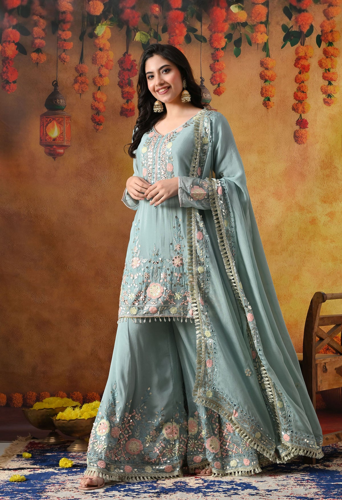 Sapphire Blue Chinon Sharara Set with Matching Dupatta