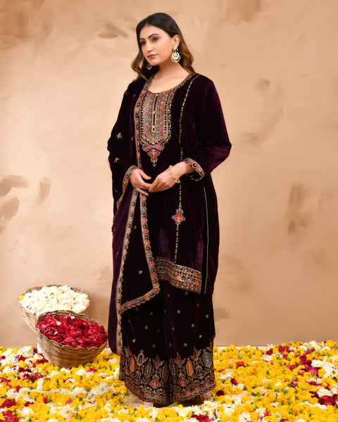 Plush Velvet Top With Velvet Plazzo And Dupatta