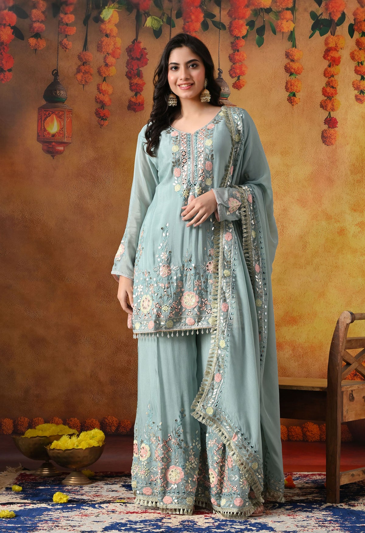 Sapphire Blue Chinon Sharara Set with Matching Dupatta