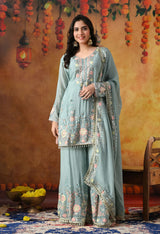 Sapphire Blue Chinon Sharara Set with Matching Dupatta