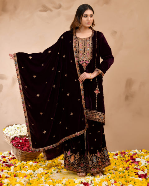Plush Velvet Top With Velvet Plazzo And Dupatta