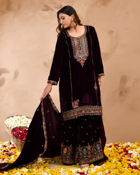 Plush Velvet Top With Velvet Plazzo And Dupatta