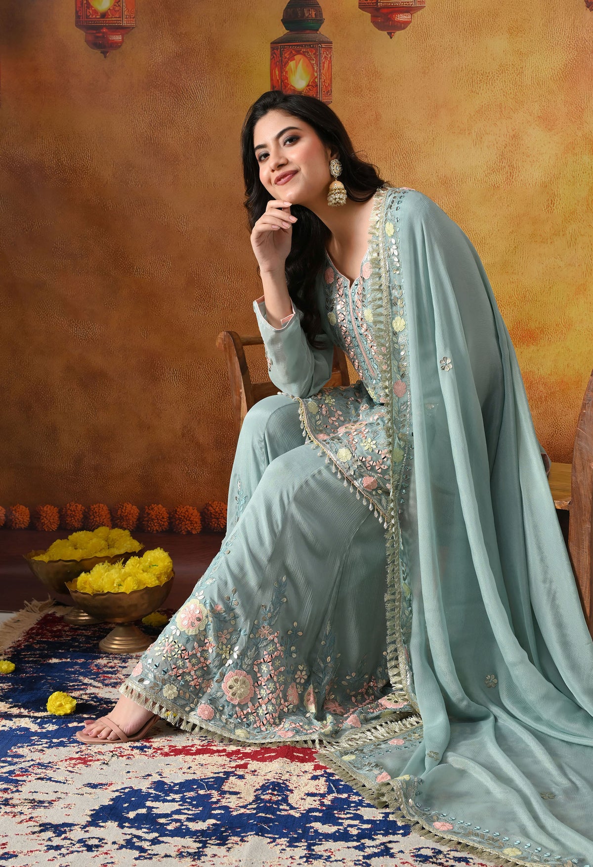Sapphire Blue Chinon Sharara Set with Matching Dupatta