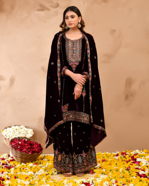 Plush Velvet Top With Velvet Plazzo And Dupatta