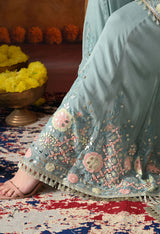 Sapphire Blue Chinon Sharara Set with Matching Dupatta