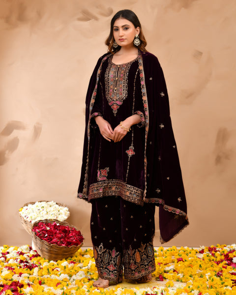 Plush Velvet Top With Velvet Plazzo And Dupatta