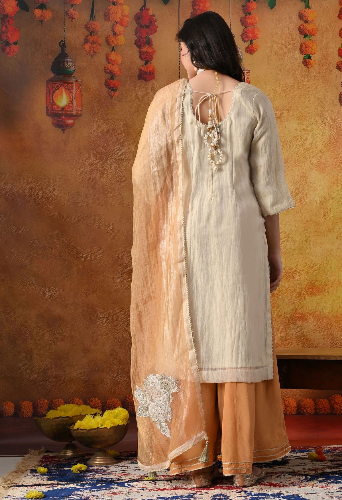 Golden Crust Tissue Organza Sharara Set with Golden Brown Crepe Sharara & Dupatta