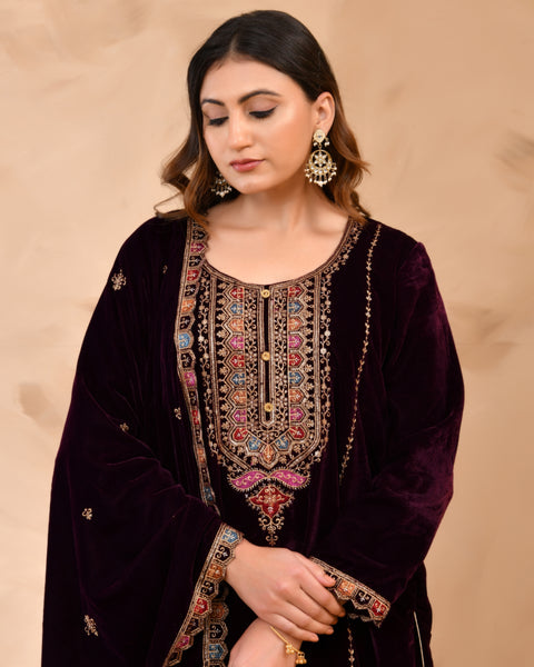 Plush Velvet Top With Velvet Plazzo And Dupatta