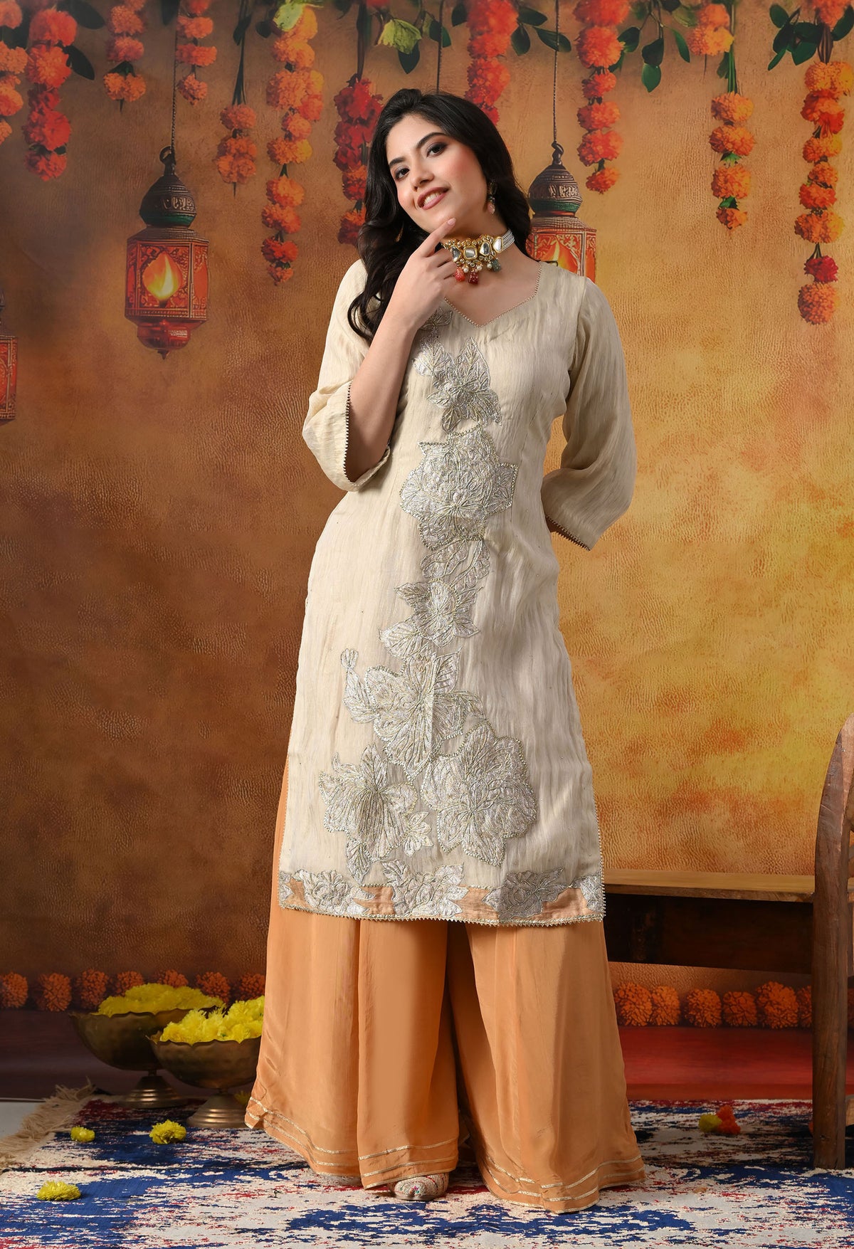 Golden Crust Tissue Organza Sharara Set with Golden Brown Crepe Sharara & Dupatta