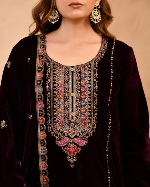 Plush Velvet Top With Velvet Plazzo And Dupatta