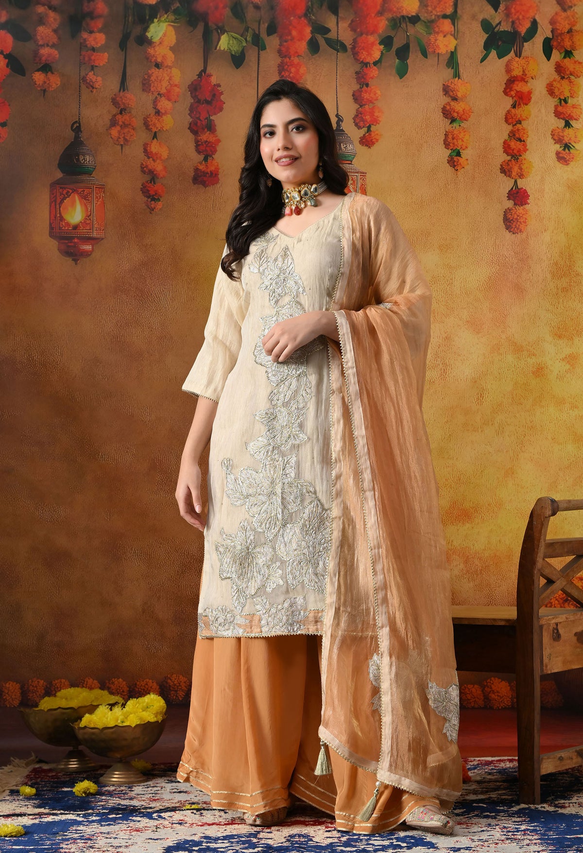 Golden Crust Tissue Organza Sharara Set with Golden Brown Crepe Sharara & Dupatta