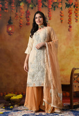 Golden Crust Tissue Organza Sharara Set with Golden Brown Crepe Sharara & Dupatta