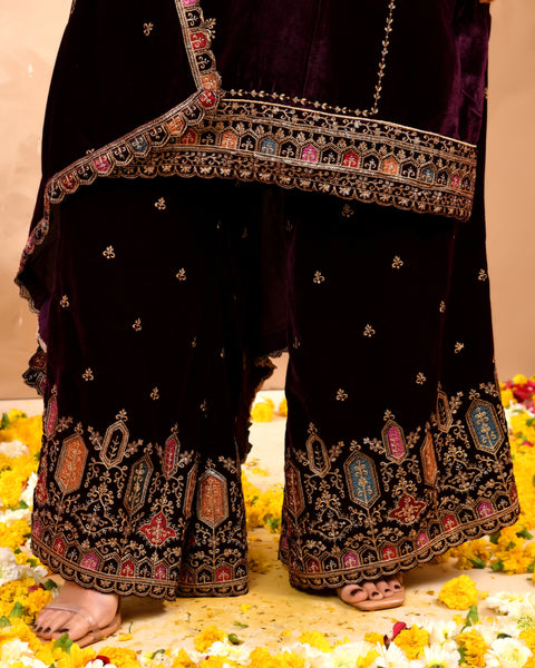 Plush Velvet Top With Velvet Plazzo And Dupatta