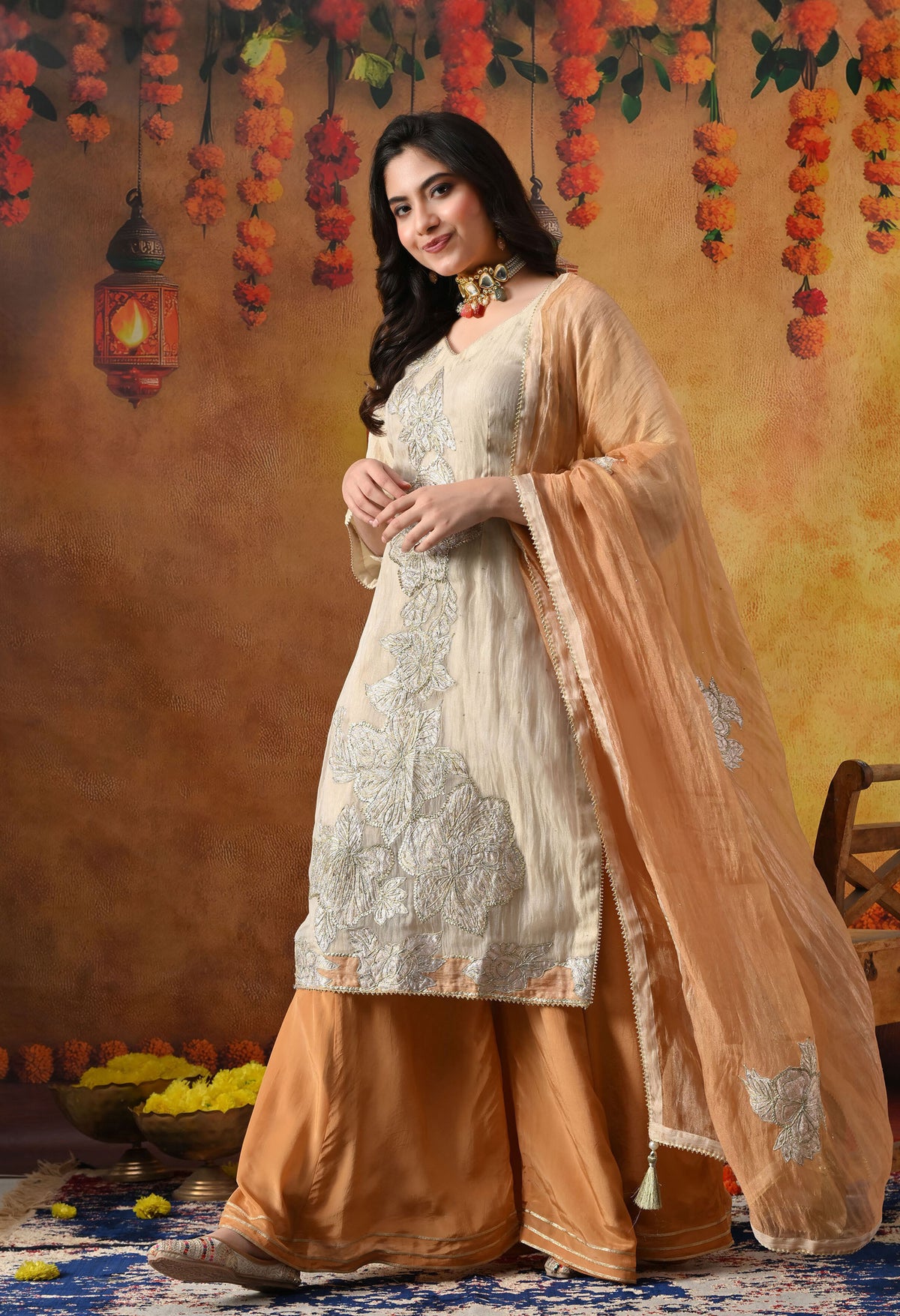 Golden Crust Tissue Organza Sharara Set with Golden Brown Crepe Sharara & Dupatta