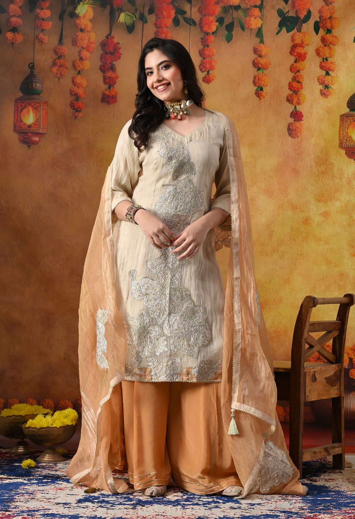 Golden Crust Tissue Organza Sharara Set with Golden Brown Crepe Sharara & Dupatta