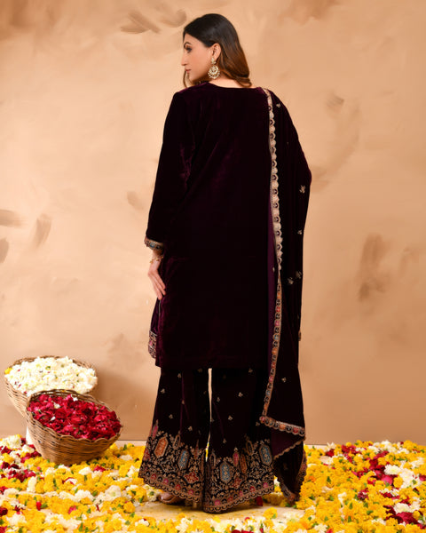 Plush Velvet Top With Velvet Plazzo And Dupatta