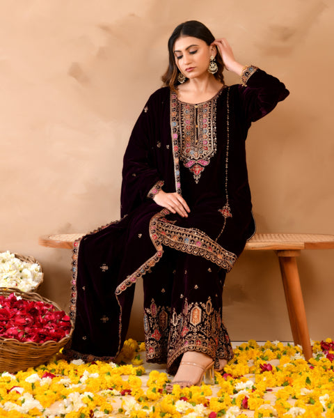Plush Velvet Top With Velvet Plazzo And Dupatta