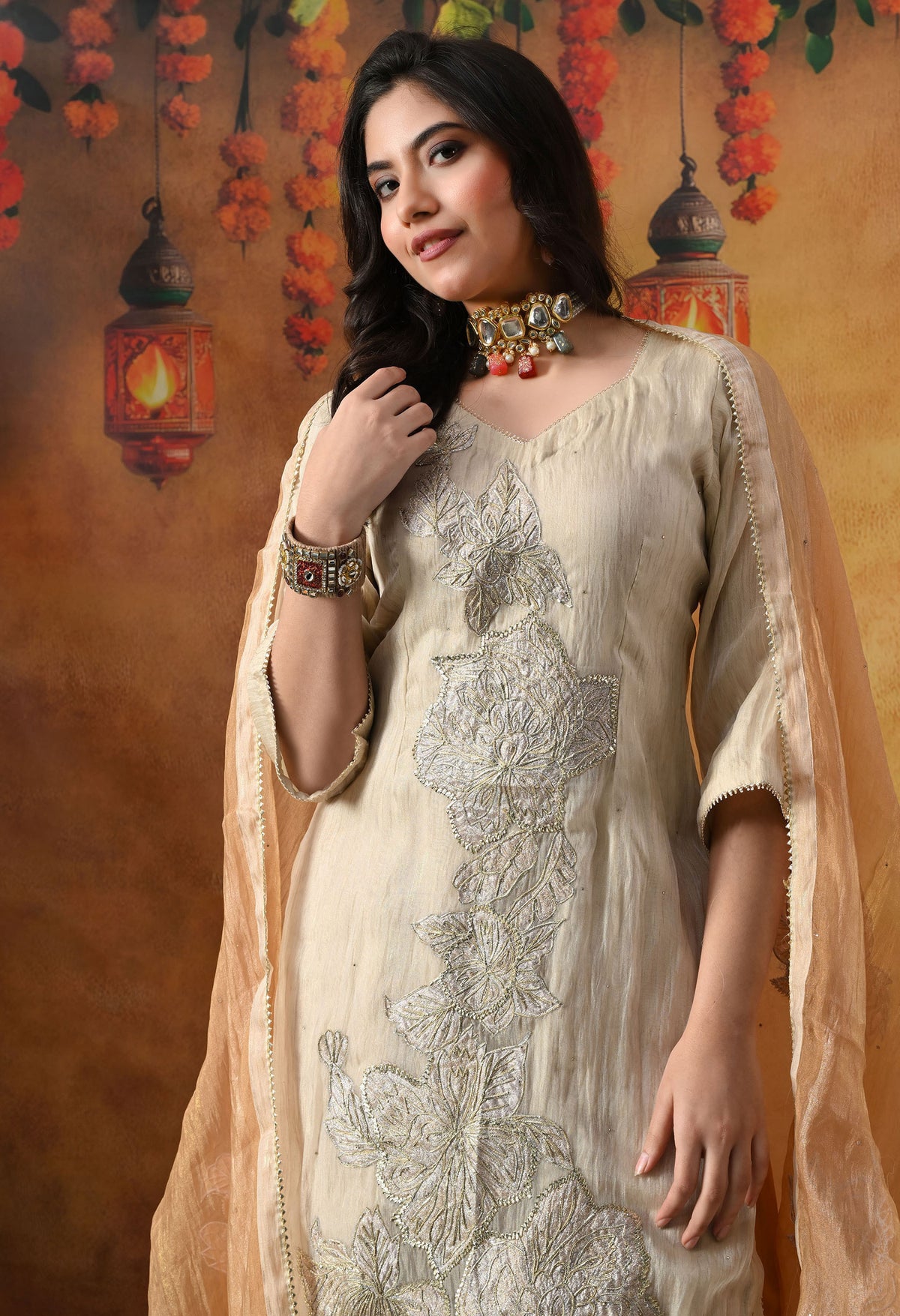 Golden Crust Tissue Organza Sharara Set with Golden Brown Crepe Sharara & Dupatta