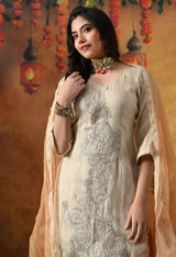 Golden Crust Tissue Organza Sharara Set with Golden Brown Crepe Sharara & Dupatta