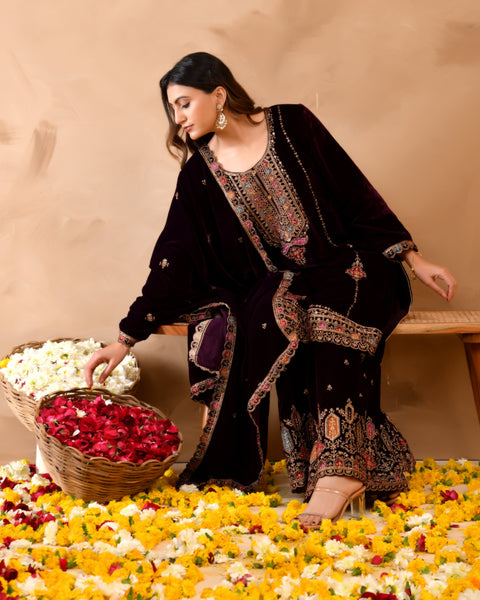 Plush Velvet Top With Velvet Plazzo And Dupatta