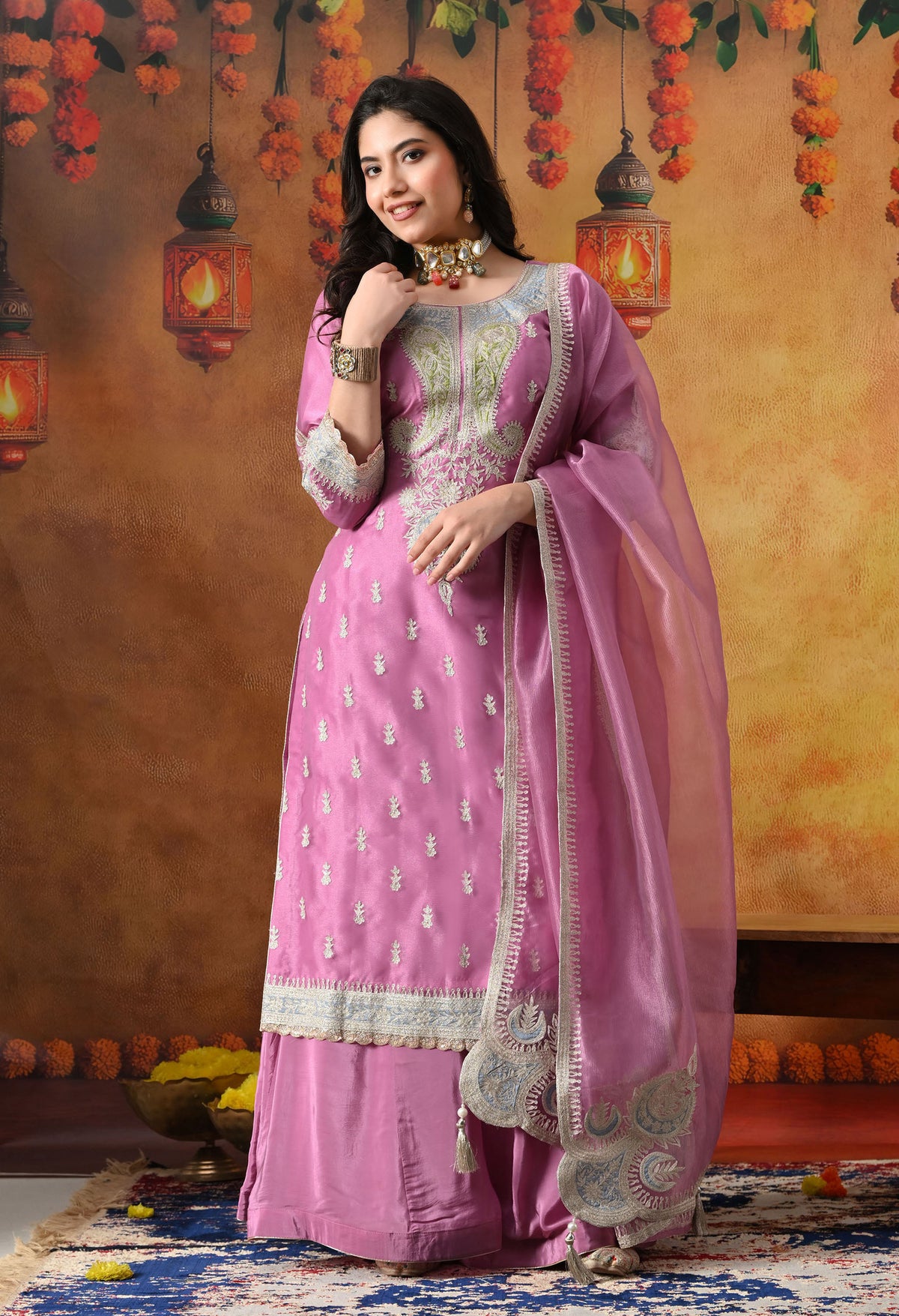 Lilac Purple Tissue Organza Sharara Set with Matching Dupatta
