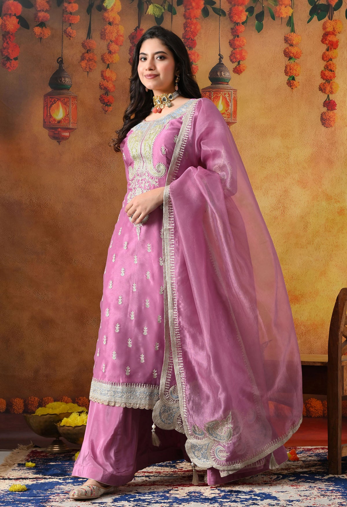 Lilac Purple Tissue Organza Sharara Set with Matching Dupatta