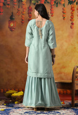 Pistachio Green Crust Tissue Gharara Set with Contrasting Brown Dupatta