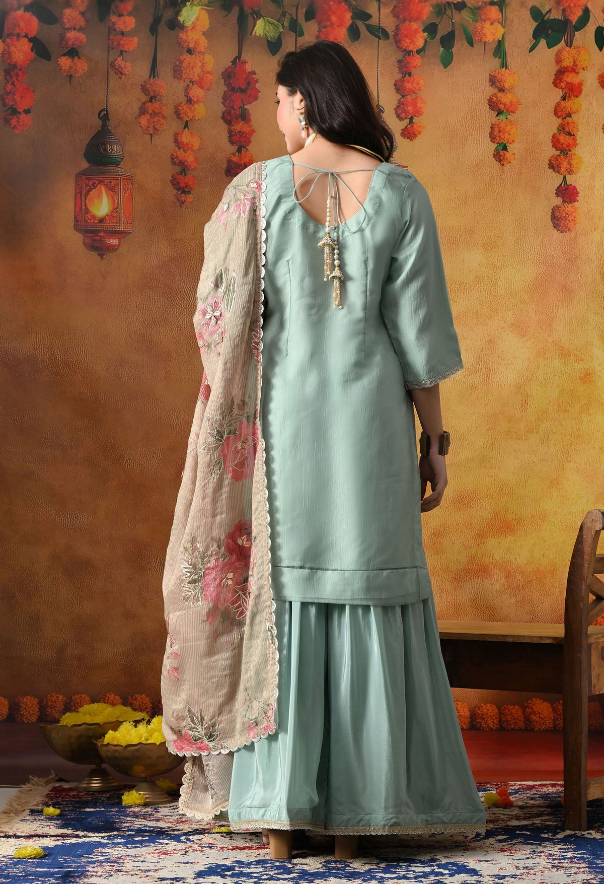 Pistachio Green Crust Tissue Gharara Set with Contrasting Brown Dupatta