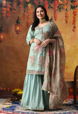 Pistachio Green Crust Tissue Gharara Set with Contrasting Brown Dupatta