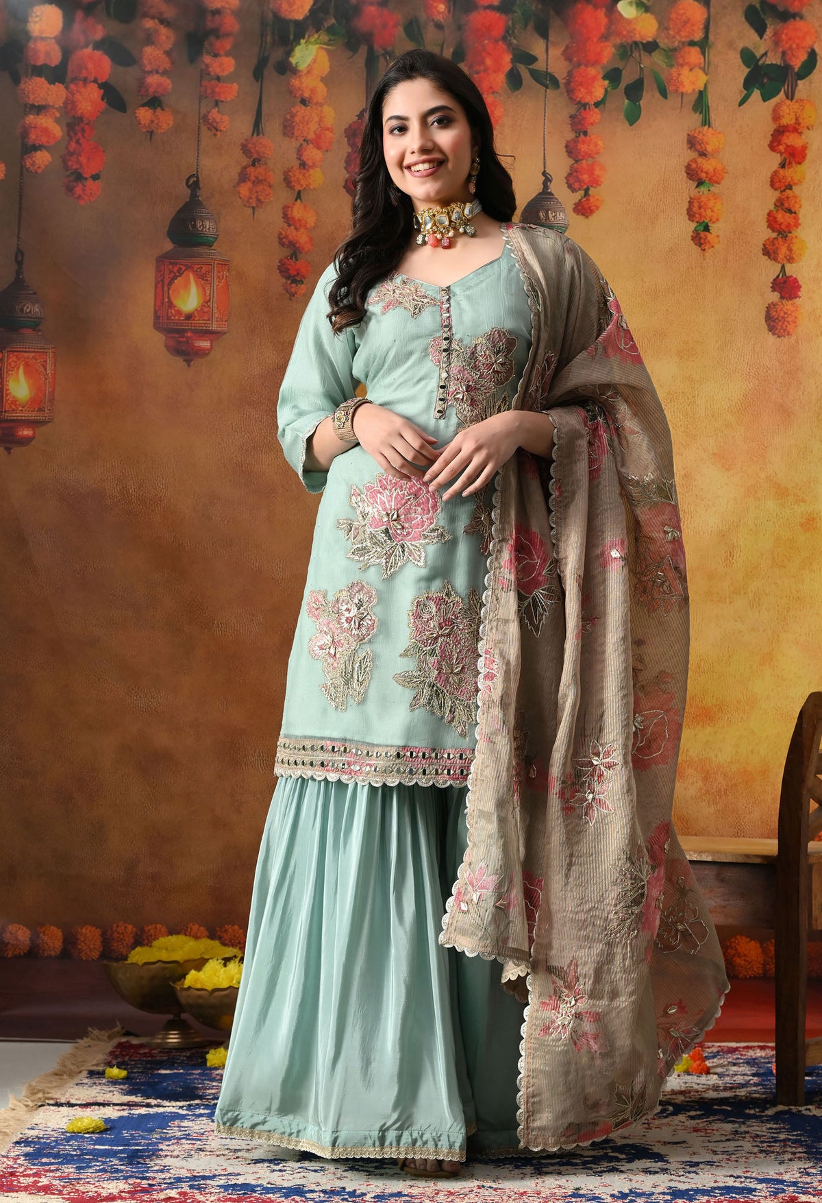 Pistachio Green Crust Tissue Gharara Set with Contrasting Brown Dupatta