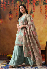 Pistachio Green Crust Tissue Gharara Set with Contrasting Brown Dupatta