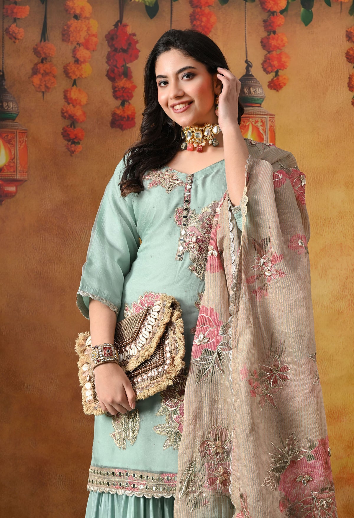Pistachio Green Crust Tissue Gharara Set with Contrasting Brown Dupatta