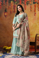 Pistachio Green Crust Tissue Gharara Set with Contrasting Brown Dupatta