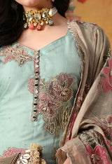 Pistachio Green Crust Tissue Gharara Set with Contrasting Brown Dupatta