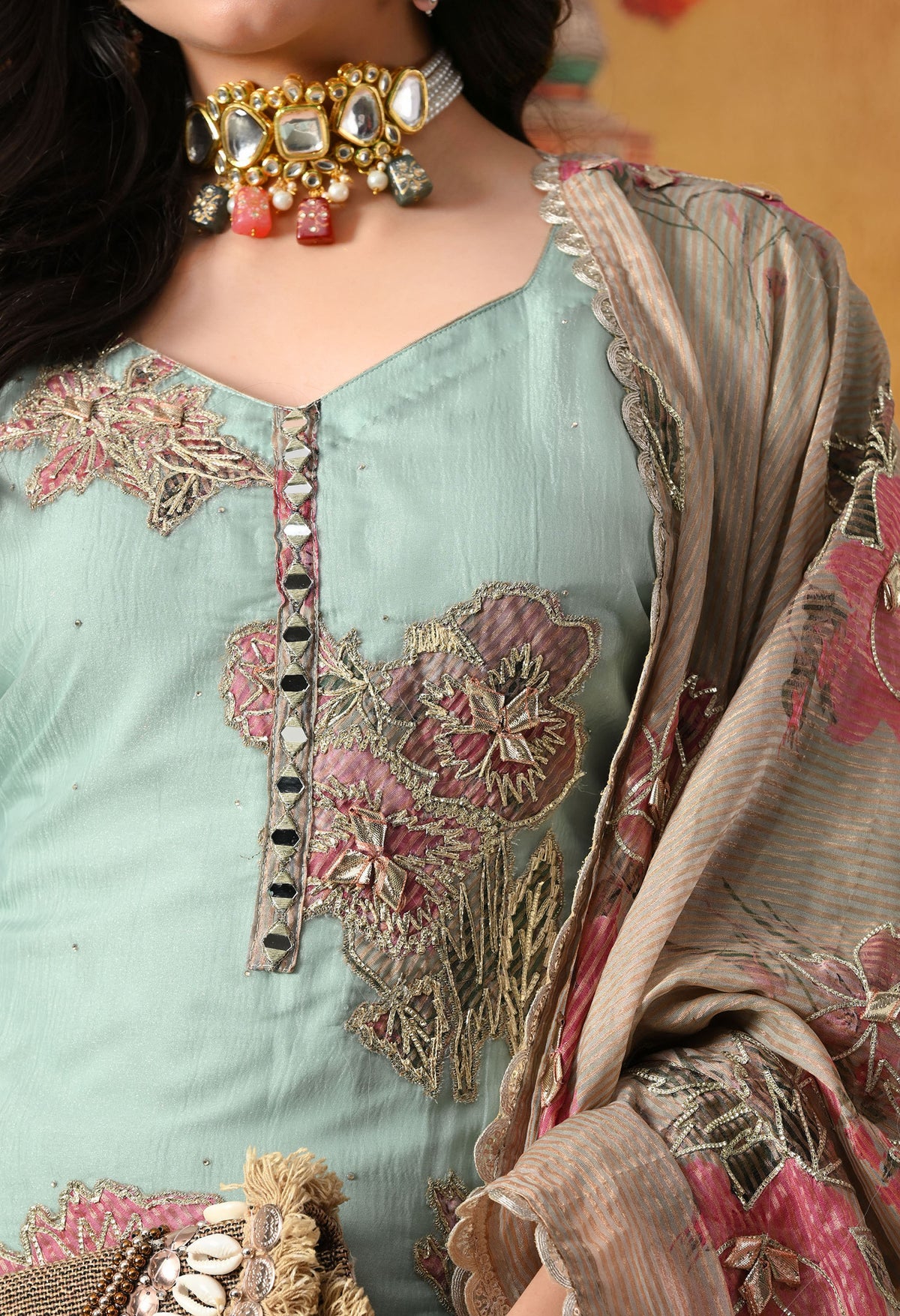 Pistachio Green Crust Tissue Gharara Set with Contrasting Brown Dupatta
