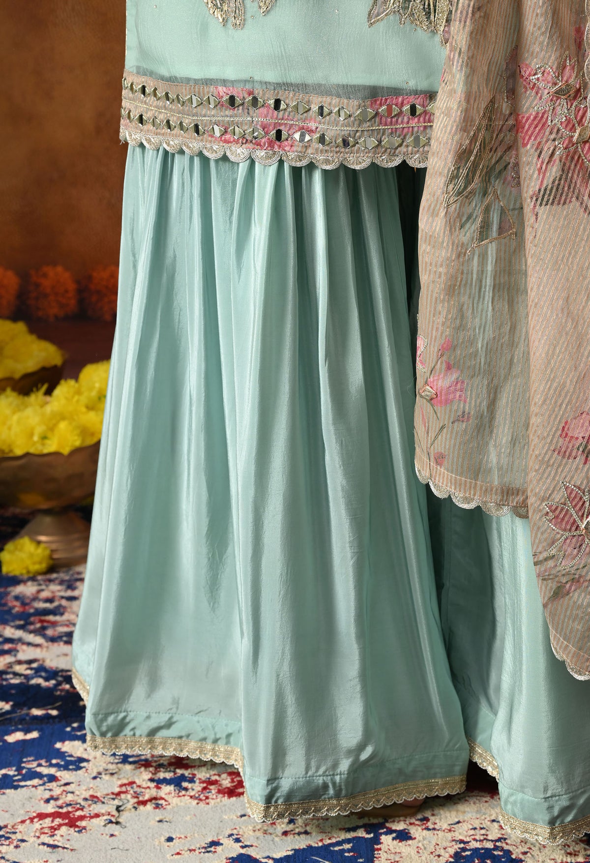 Pistachio Green Crust Tissue Gharara Set with Contrasting Brown Dupatta