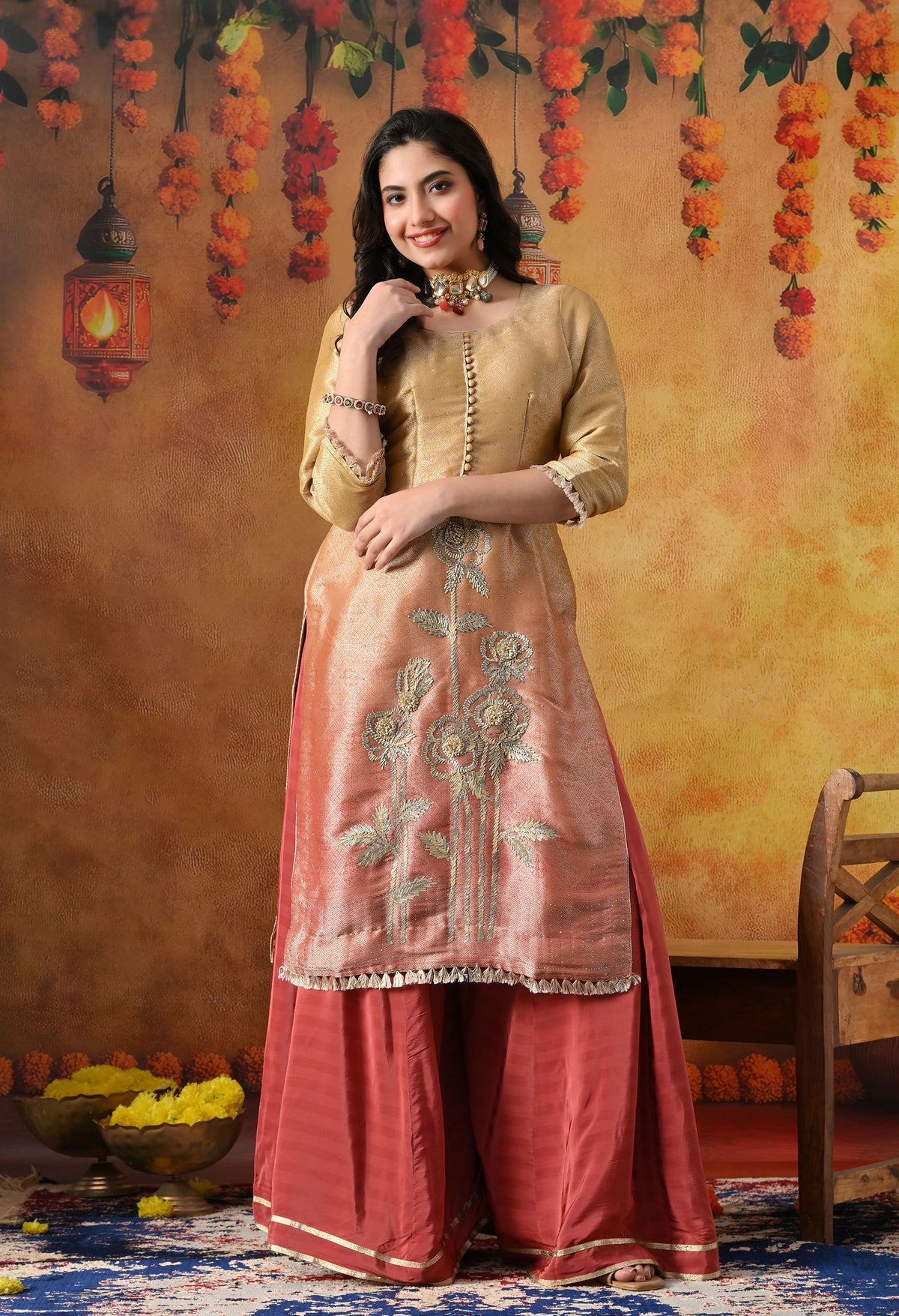 Golden Yellow Brocade Silk Sharara Set with Golden Dupatta