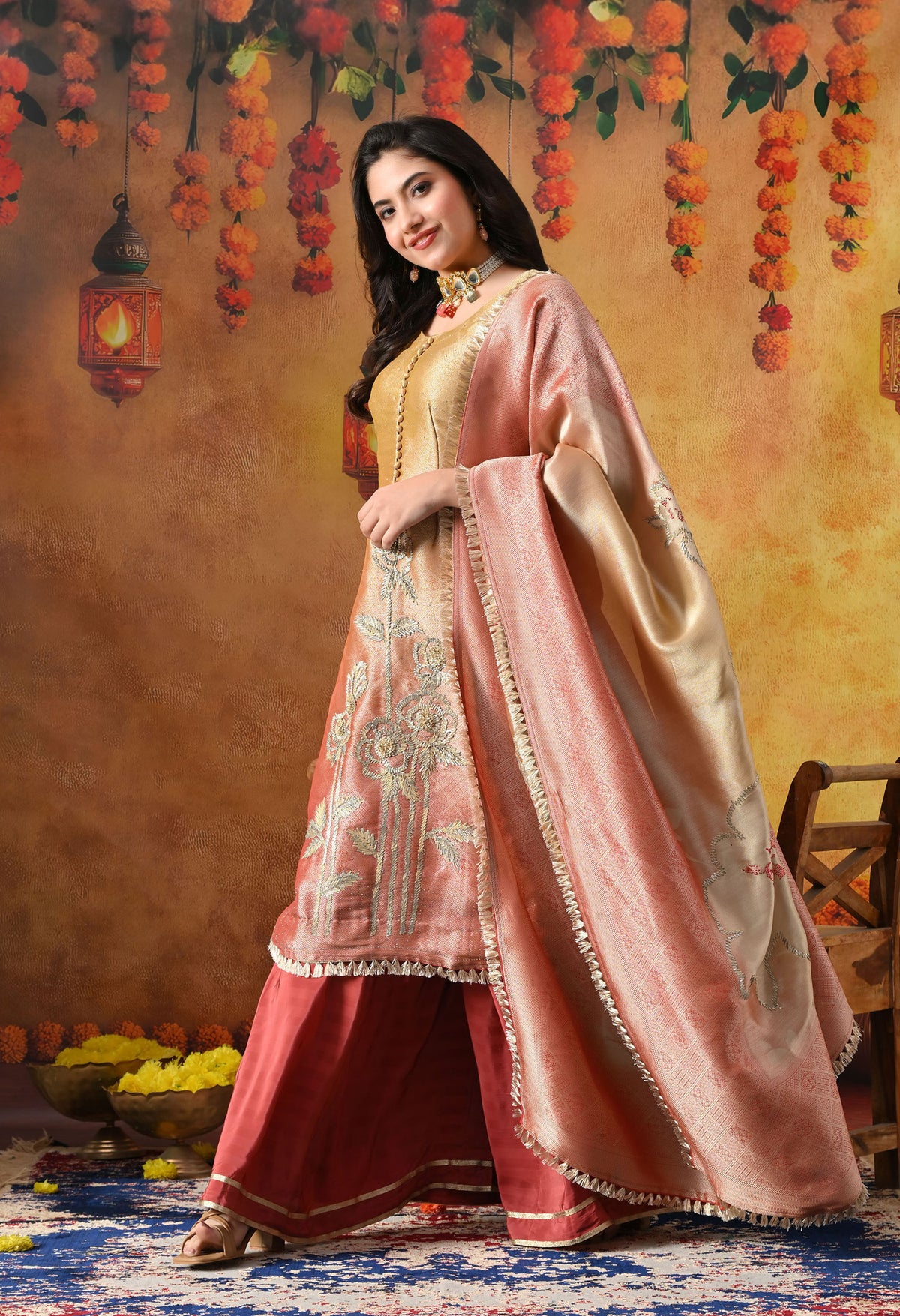Golden Yellow Brocade Silk Sharara Set with Golden Dupatta