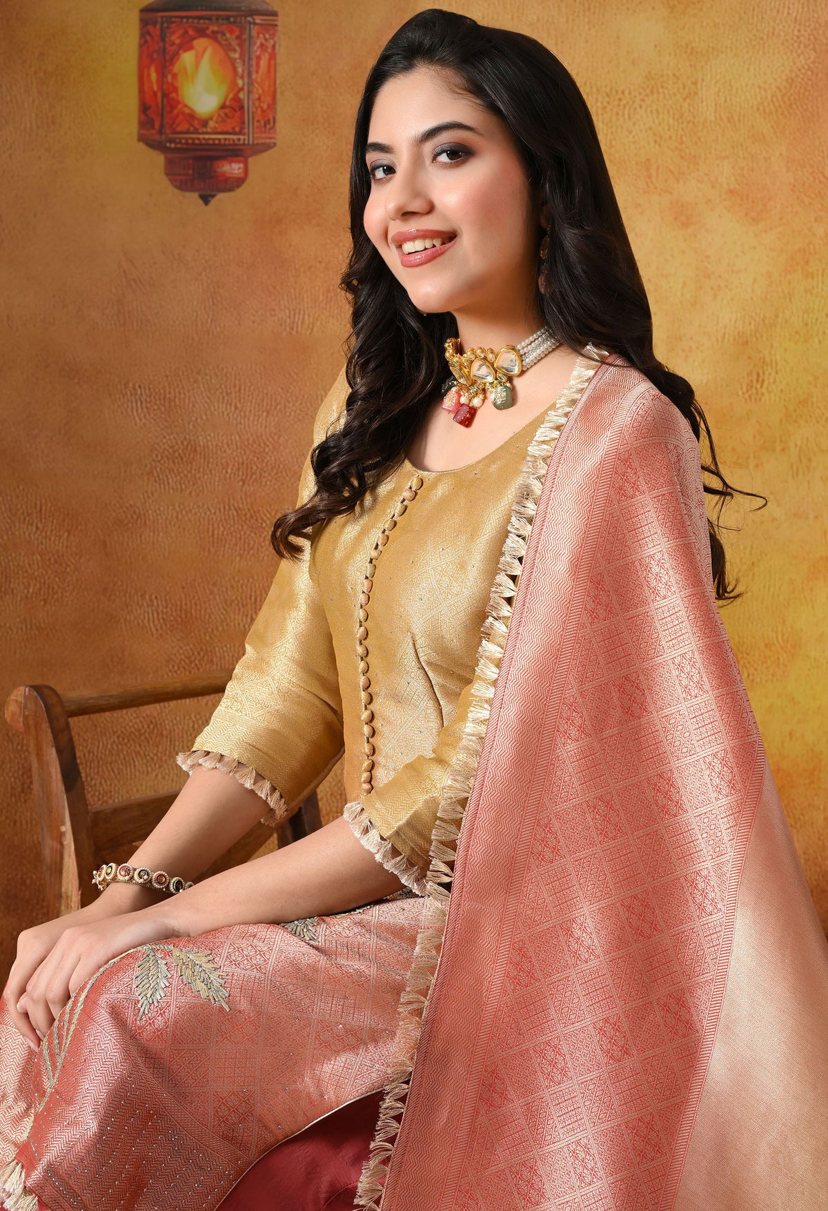 Golden Yellow Brocade Silk Sharara Set with Golden Dupatta