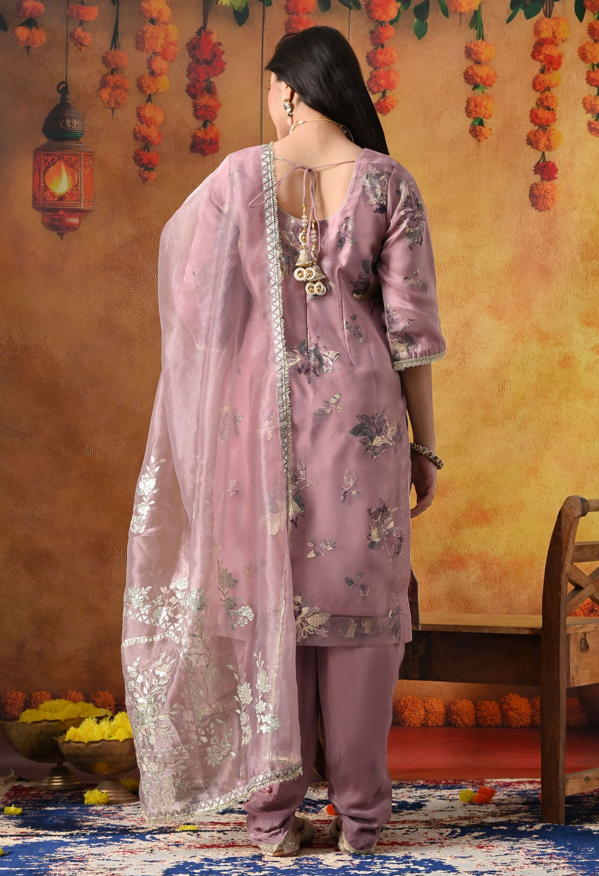 Lilac Purple Tissue Organza Kurta Set with Tulip Salwar & Matching Dupatta