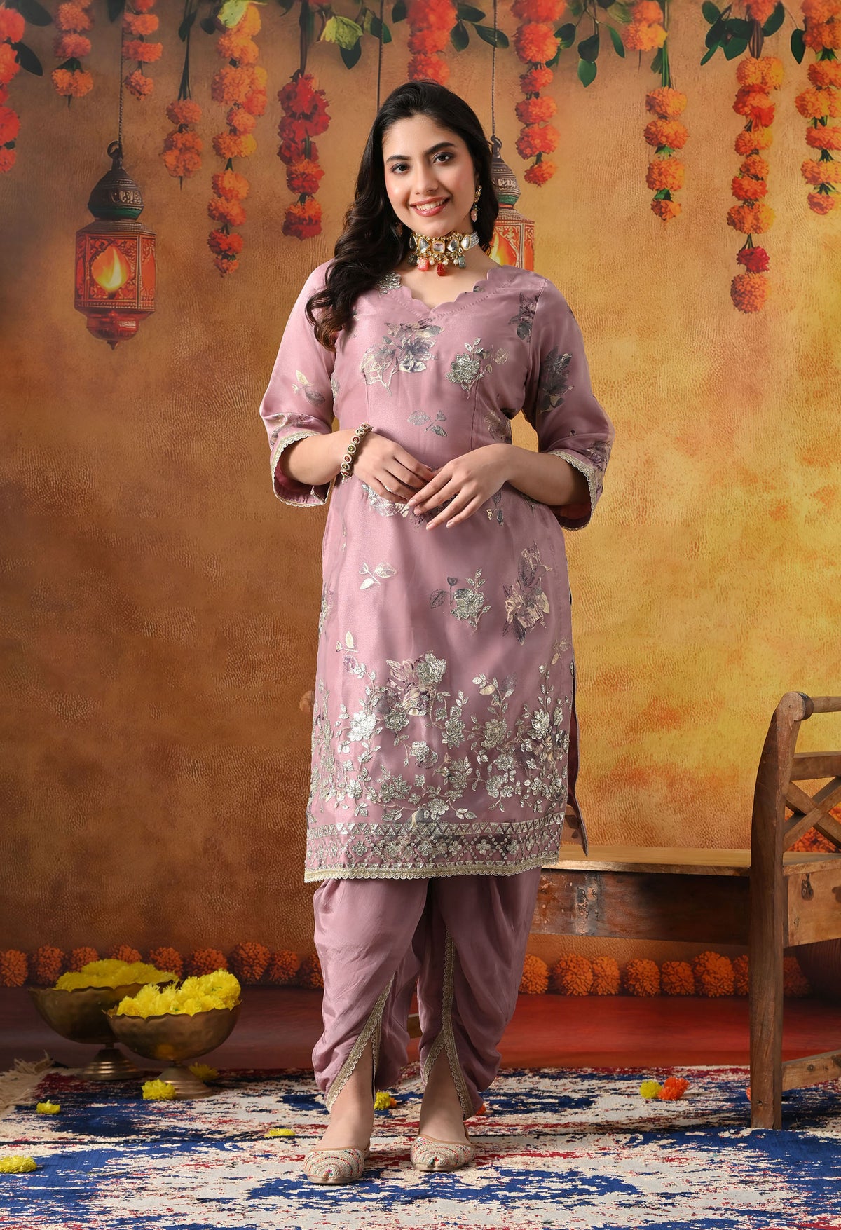 Lilac Purple Tissue Organza Kurta Set with Tulip Salwar & Matching Dupatta
