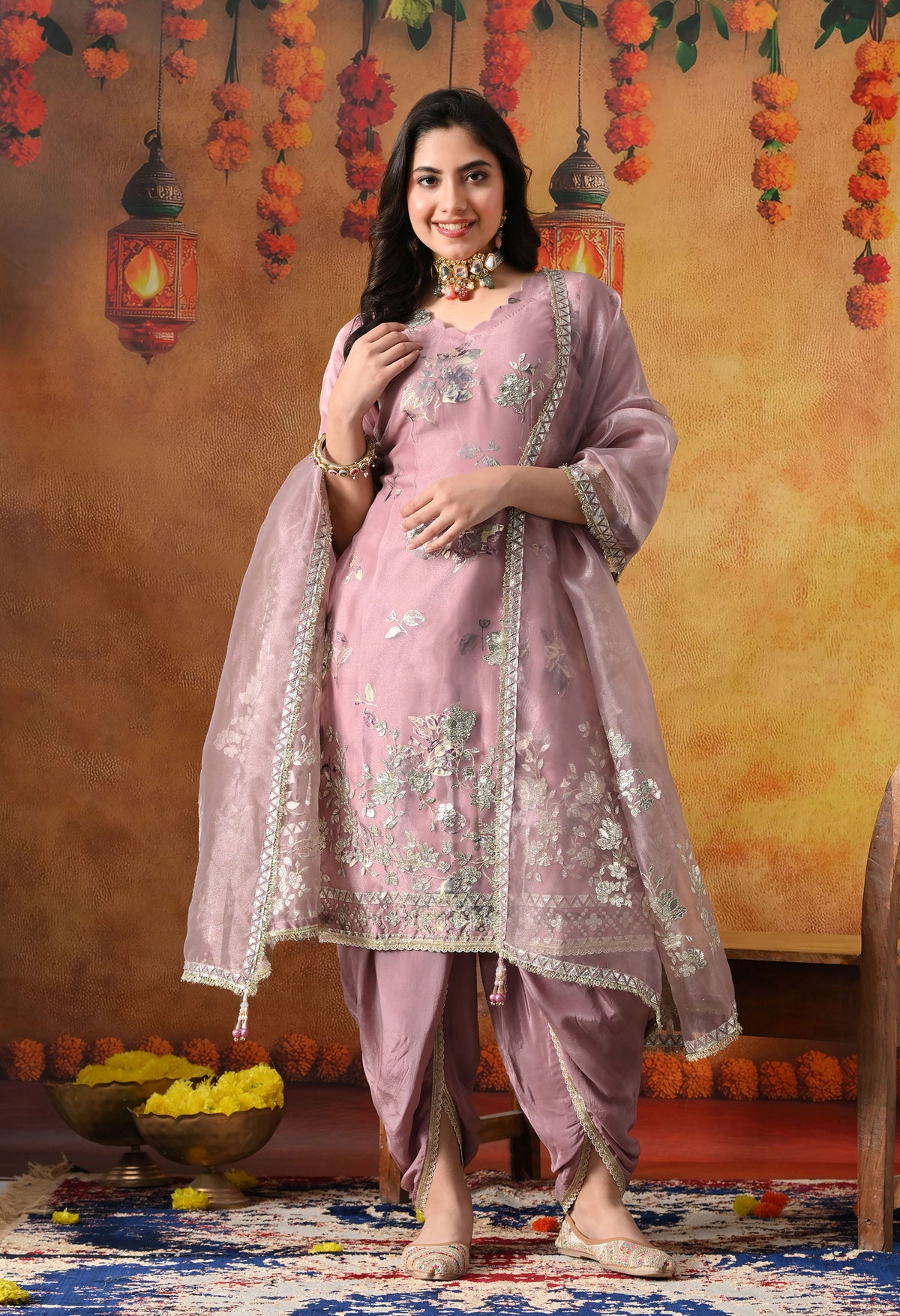 Lilac Purple Tissue Organza Kurta Set with Tulip Salwar & Matching Dupatta