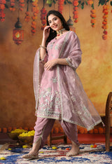 Lilac Purple Tissue Organza Kurta Set with Tulip Salwar & Matching Dupatta